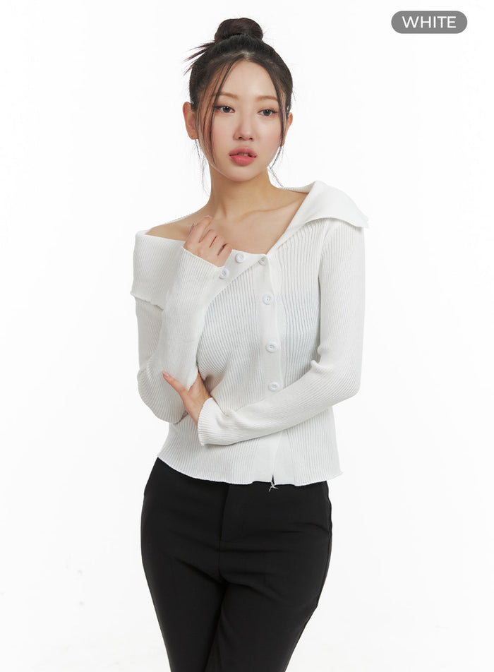 open-collar-buttoned-knit-top-om428 / White