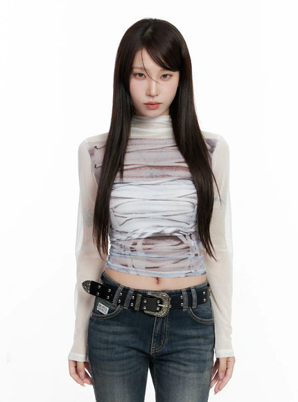 mesh-patterned-long-sleeve-top-co520 / White