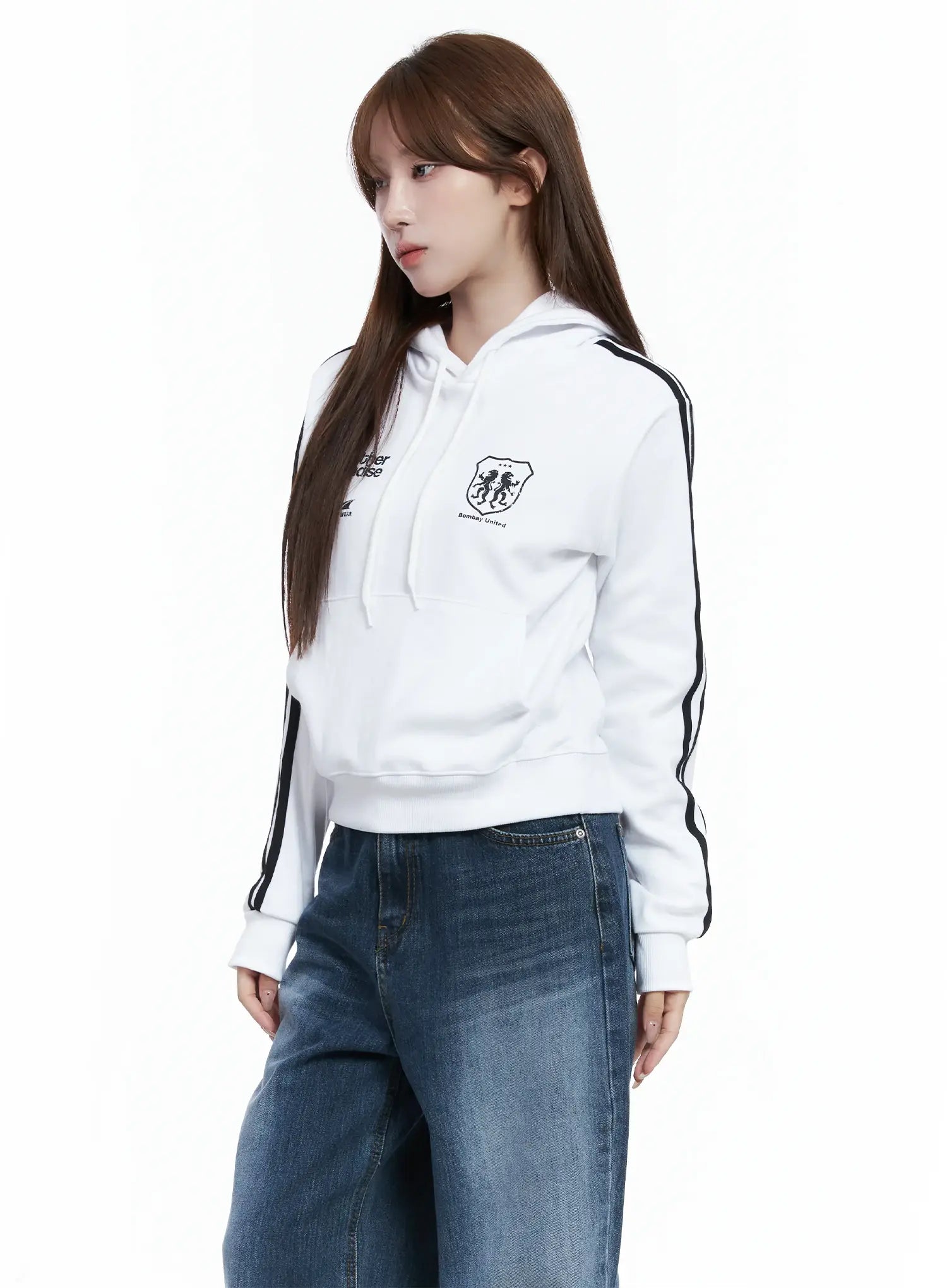 striped-sleeve-crop-hoodie-cs501 / White