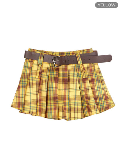 plaid-double-belted-pleated-mini-skirt-og429 / Yellow