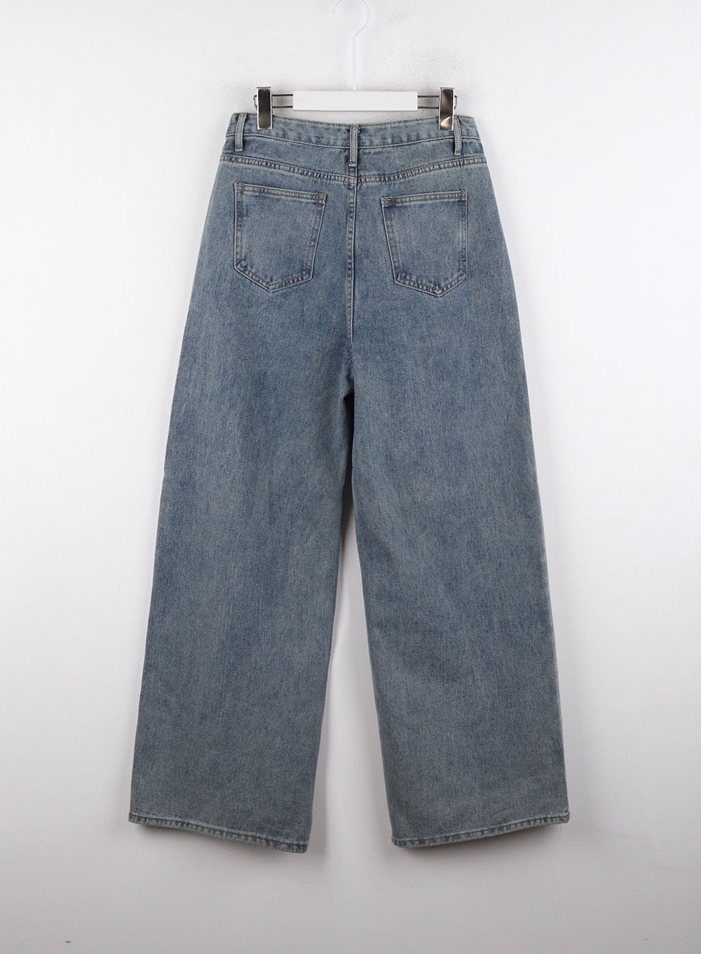 Mid Waist Washed Button Wide Leg Jeans OD320 in blue, flat hanger back product shot, dual back patch pockets with contrast stitching, wide-leg washed cotton denim, full-length view.