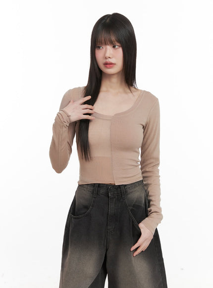 sheer-asymmetric-long-sleeve-top-cj528 / Beige