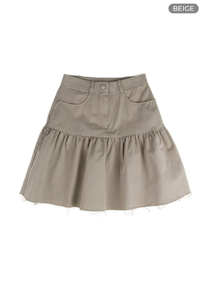 destroyed-ruffled-hem-midi-skirt-cm407 / Beige