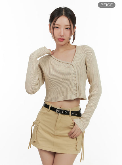 asymmetrical-knit-v-neck-buttoned-crop-cardigan-cg422 / Beige