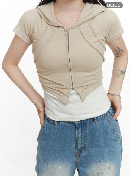 stitched-detail-hoodie-top-cy417 / Beige