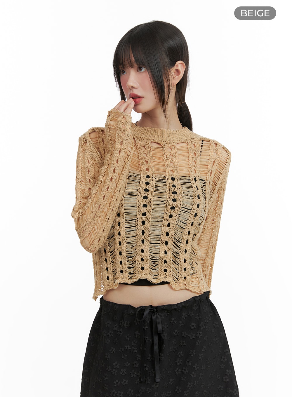 hollow-out-see-through-cropped-sweater-ca412 / Beige