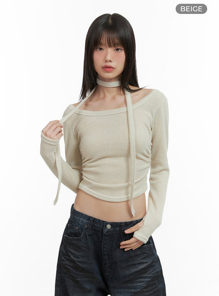 shirred-cropped-long-sleeve-top-with-choker-set-co410 / Beige