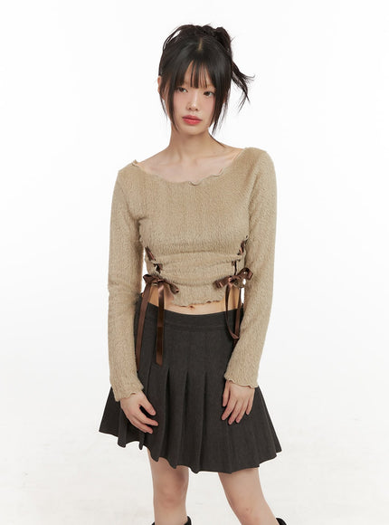 ribbon-boat-neck-long-sleeve-crop-top-cj501 / Beige