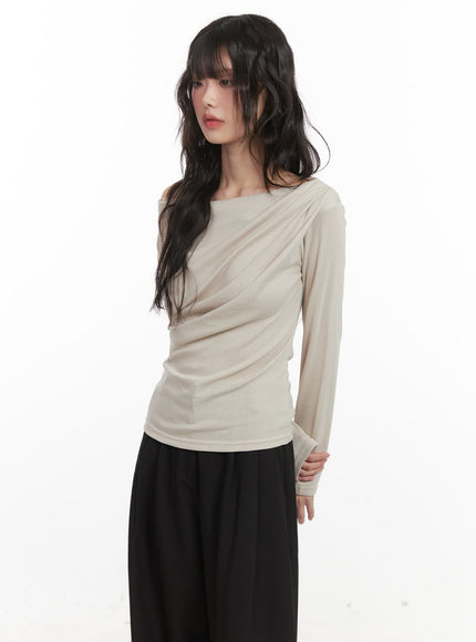 draped-off-shoulder-long-sleeve-top-cj528 / Beige