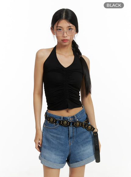 halter-shirred-crop-sleeveless-top-ca423 / Black