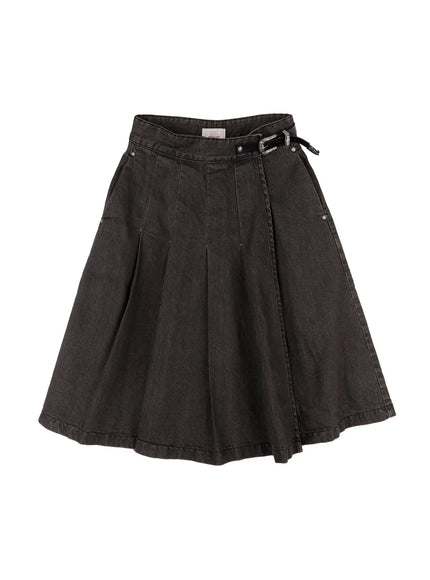 pleated-belted-denim-skirt-cn528 / Black
