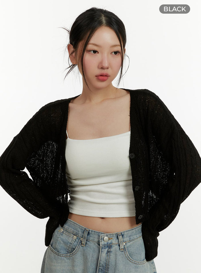 summer-cable-knit-buttoned-cardigan-cy408 / Black