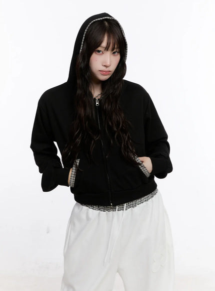 plaid-trim-crop-zip-up-hoodie-cs530 / Black