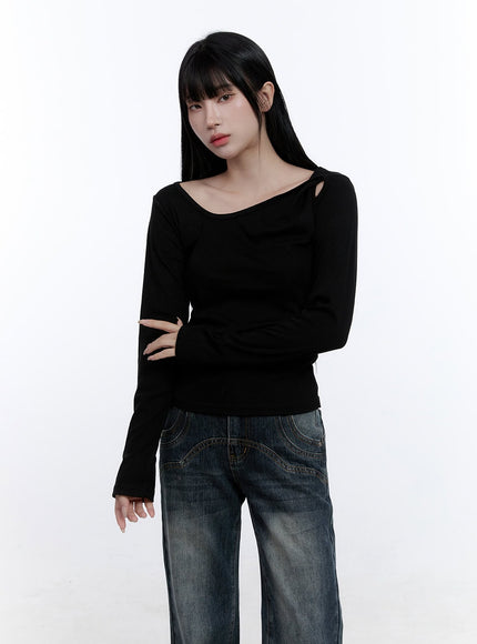 unbalanced-cut-out-long-sleeve-top-cd420 / Black