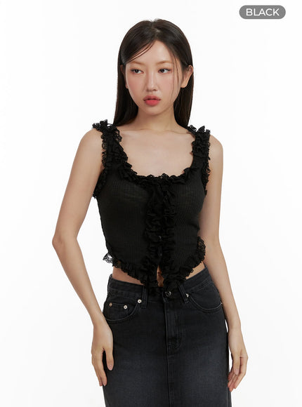 lace-ruffle-hem-sleeveless-top-cu405 / Black