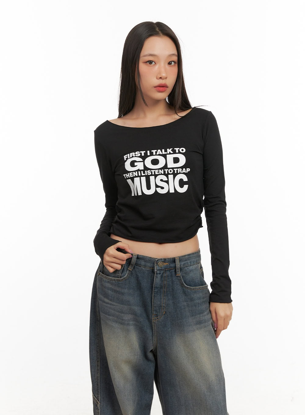 spandex-neck-long-sleeve-crop-top-cd409 / Black