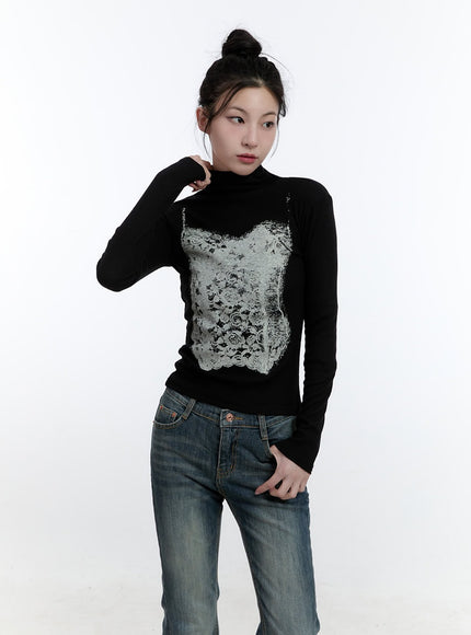 corset-turtle-neck-long-sleeve-top-cj520 / Black