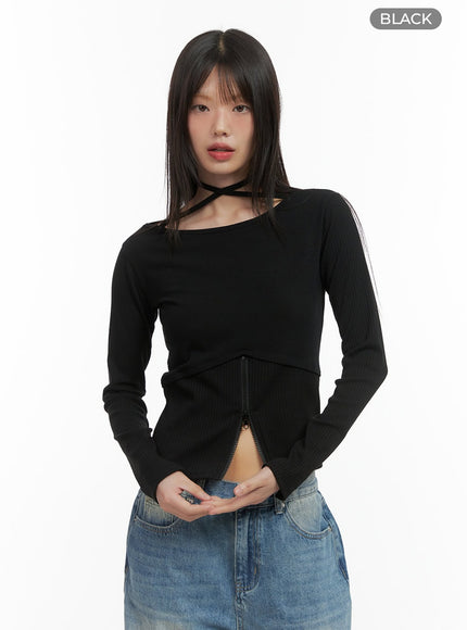 halter-strap-zip-up-cropped-top-co410 / Black