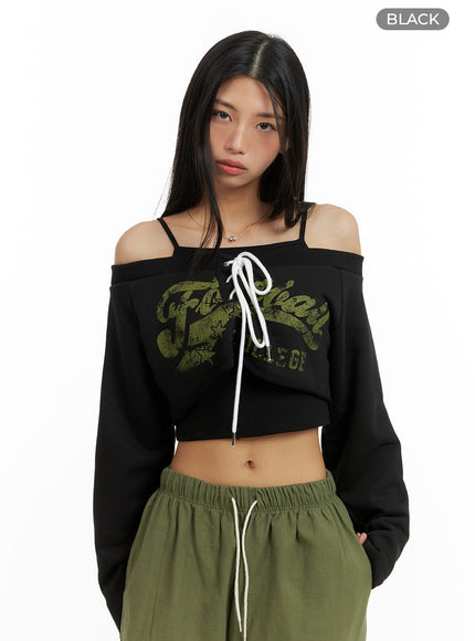 front-tie-off-shoulder-sweatshirt-ca423 / Black