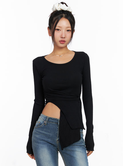 ribbed-u-neck-button-detail-long-sleeve-top-co514 / Black