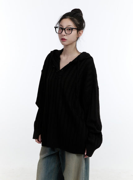 oversize-ribbed-hooded-sweater-cj522 / Black