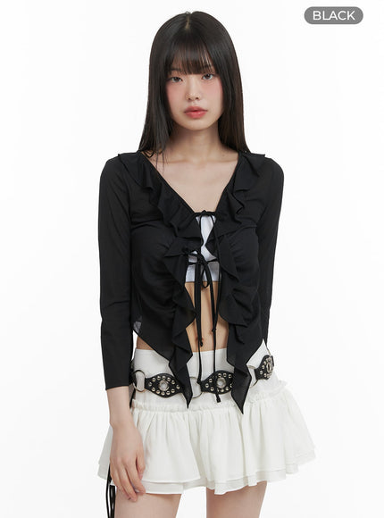 solid-frill-shirred-cardigan-ca422 / Black