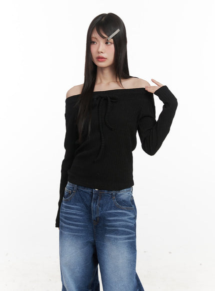 ribbed-off-shoulder-long-sleeve-ribbon-top-cj524 / Black