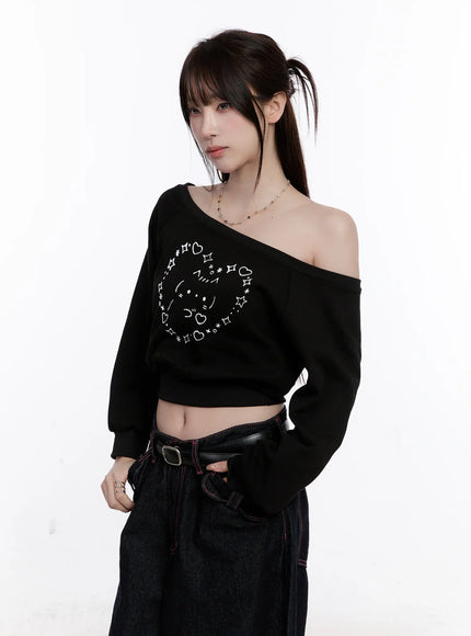 Cat Print Off-Shoulder Cropped Sweatshirt CO501 / black