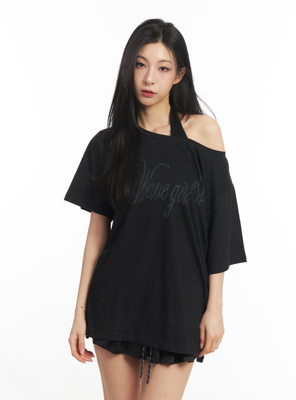 graphic-one-shoulder-oversize-t-shirt-ca503 / Black