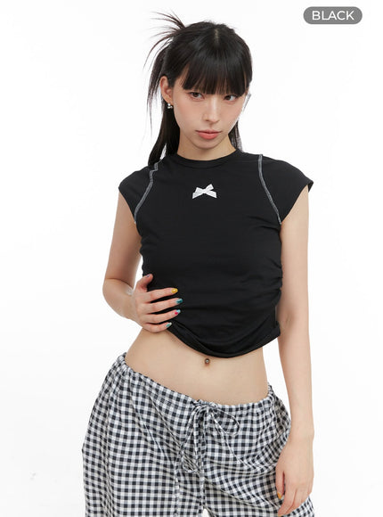 ribbon-stitch-crop-tee-cg408 / Black