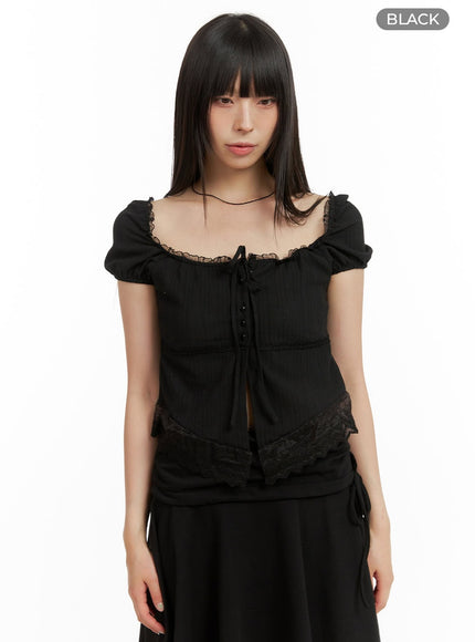 lace-hem-cotton-ribboned-square-neck-shirt-cu425 / Black