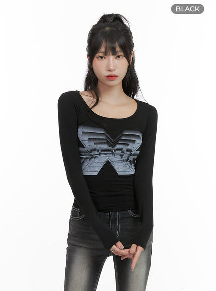 graphic-u-neck-long-sleeve-top-cg421 / Black