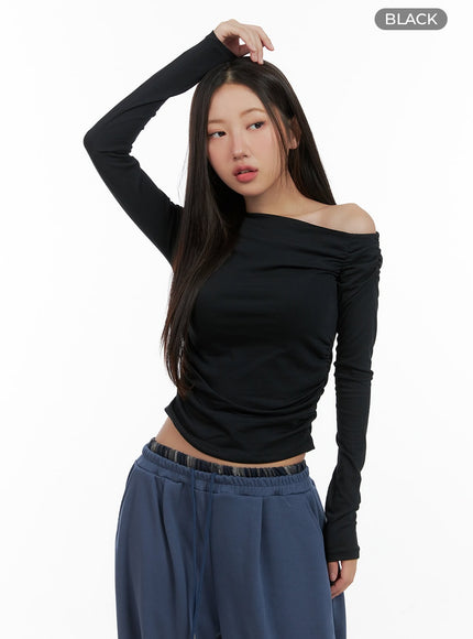 solid-shirred-off-shoulder-long-sleeve-cg423 / Black