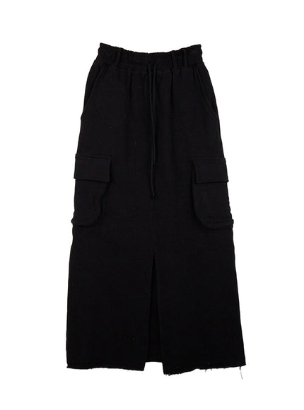 front-slit-cargo-maxi-skirt-cj506 / Black