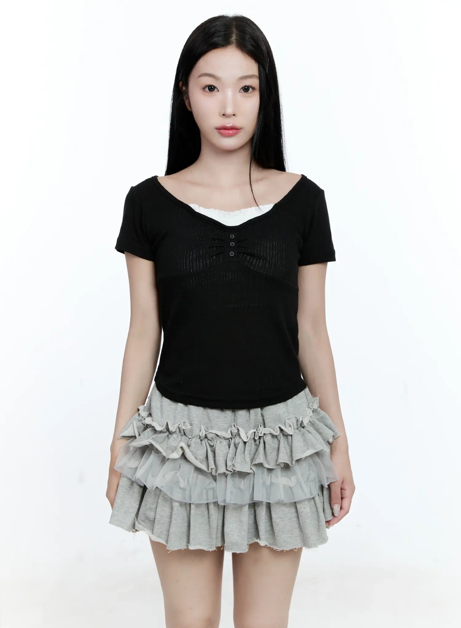shirred-button-tee-cg511 / Black