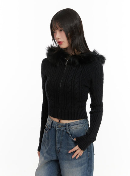 fur-hooded-zip-up-knit-crop-cardigan-cj502 / Black