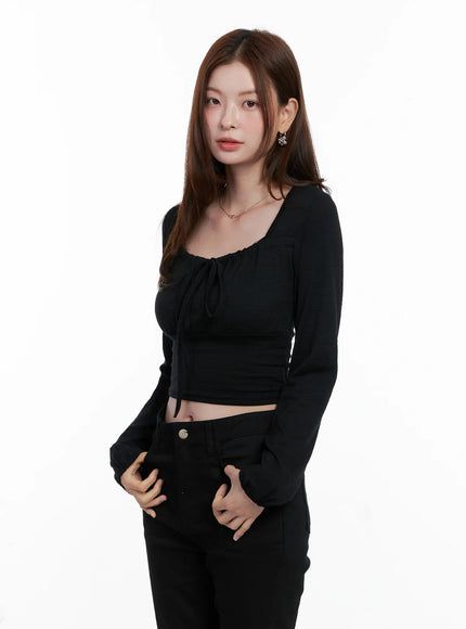 long-sleeve-shirred-ribbon-crop-top-cg521 / Black