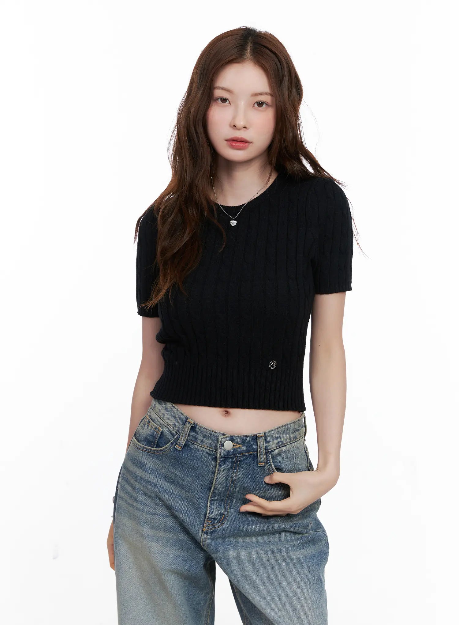 cable-knit-short-sleeve-sweater-cg521 / Black