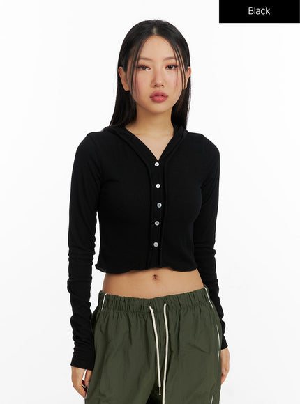 hooded-button-crop-top-cf414 / Black