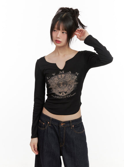 graphic-slim-fit-long-sleeve-crop-top-cj502 / Black