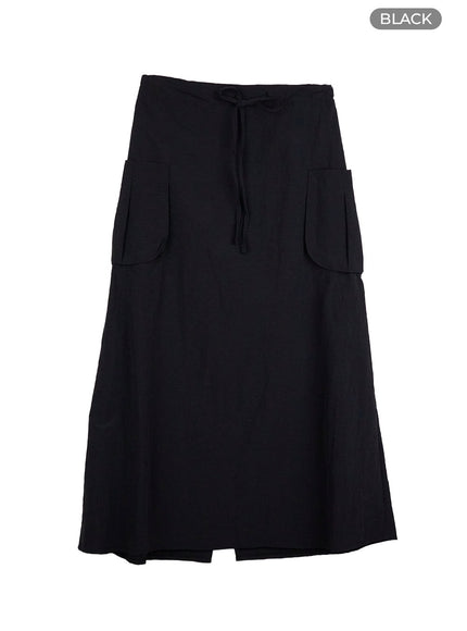 nylon-pocket-cargo-maxi-skirt-co410 / Black