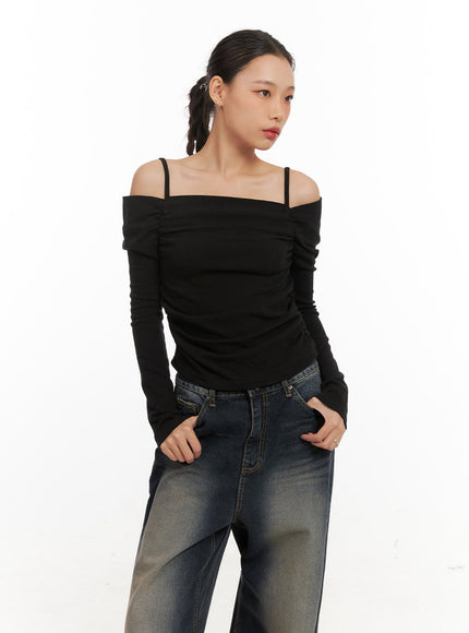 shirred-off-shoulder-crop-top-cd410 / Black