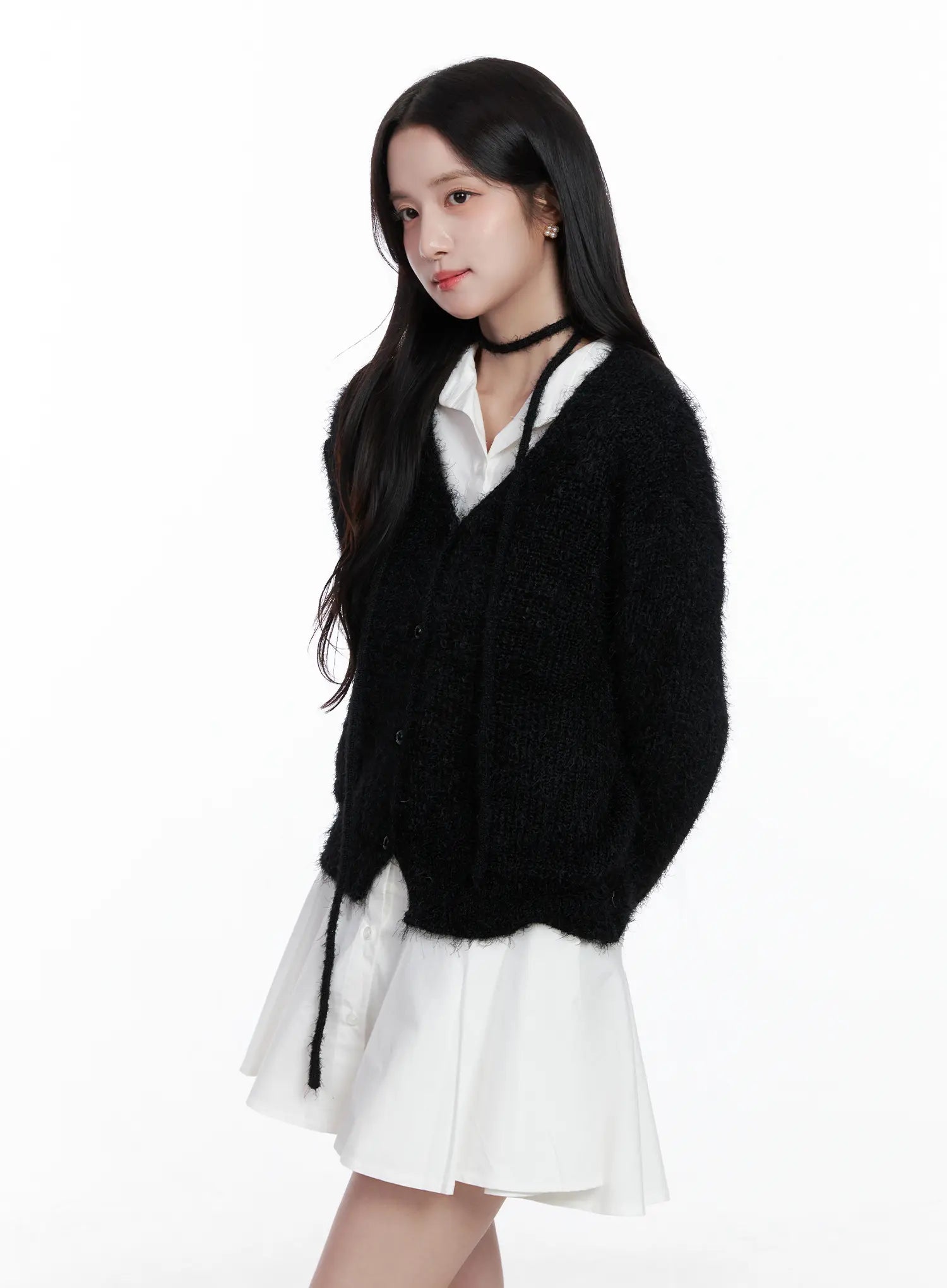 fluffy-knit-cardigan-scarf-set-cs519 / Black