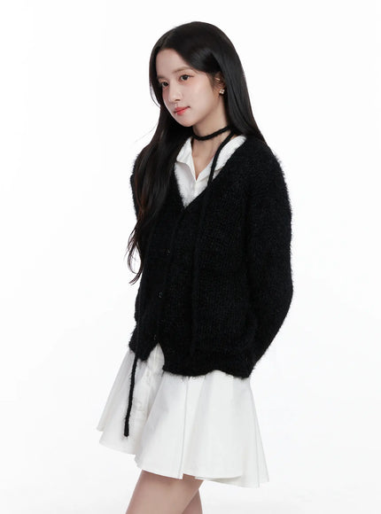 fluffy-knit-cardigan-scarf-set-cs519 / Black