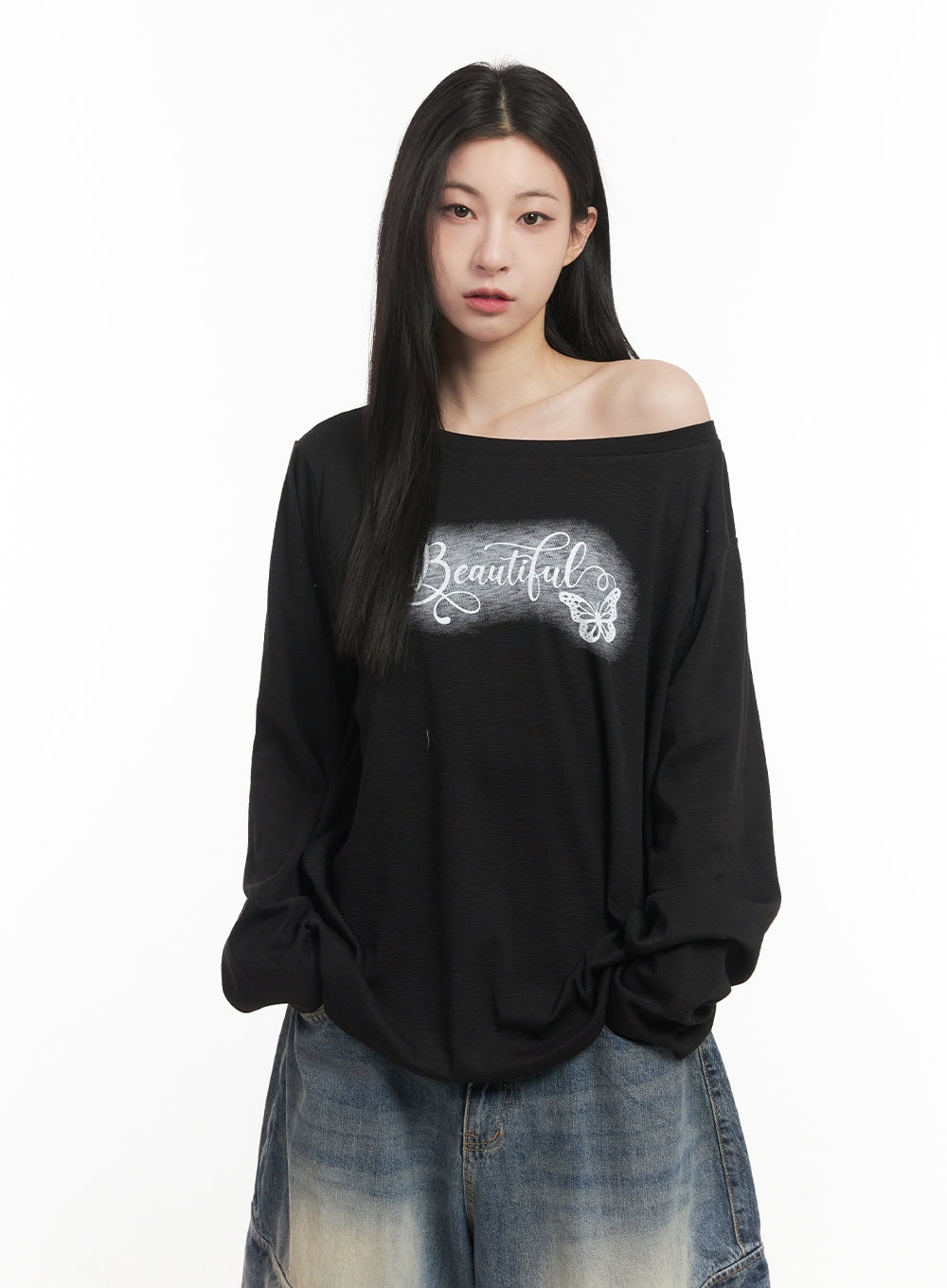 loose-fit-graphic-one-shoulder-top-cf514 / Black