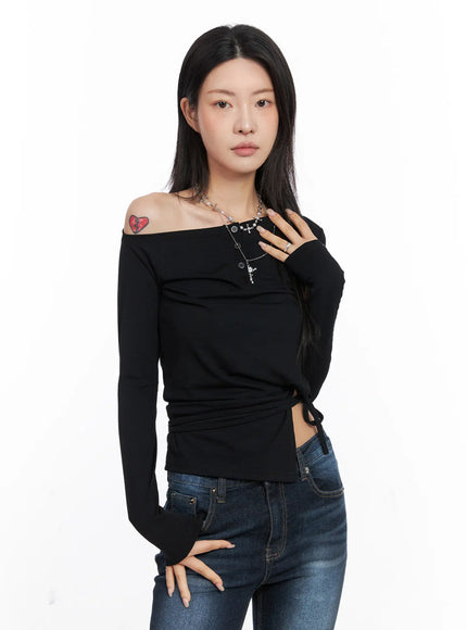 asymmetric-slit-wrap-long-sleeve-top-co507 / Black