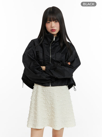 zip-up-crop-bomber-jacket-cf422 / Black