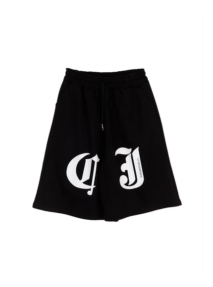 gothic-lettering-oversized-shorts-ca506 / Black