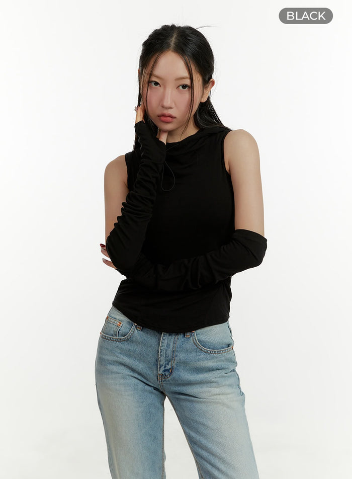 hooded-shirred-sleeveless-top-arm-sleeves-set-cy409 / Black