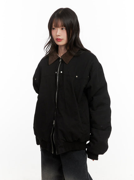 fringe-trim-collared-bomber-jacket-cj501 / Black